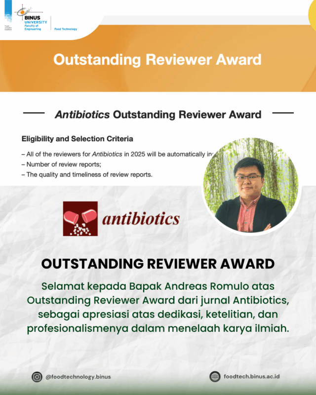 Andreas Romulo, Dosen Food Technology BINUS Raih Outstanding Reviewer Award dari Jurnal Antibiotics