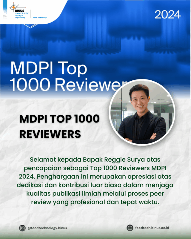 Dosen Food Technology BINUS, Reggie Surya, Menjadi Top 1000 Reviewers MDPI 2024