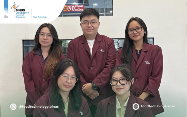Mahasiswa Food Technology BINUS Raih Pendanaan PKM 2026 untuk Inovasi Kemasan Ramah Lingkungan (Cynthia Rachel Winata, Mayla Rakkhita Evandra, Levina Herli, Nasywa Aqilah Zindani Ranatika, dan Genoscheva Alexander Tannex)